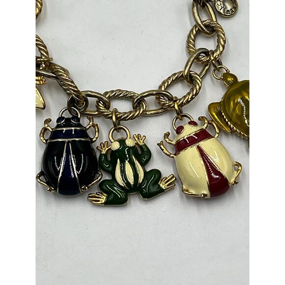 J. Crew Gold Tone Charm Bracelet Enamel Bee Beetle Frog Turtle Animal Charms - Picture 2 of 9